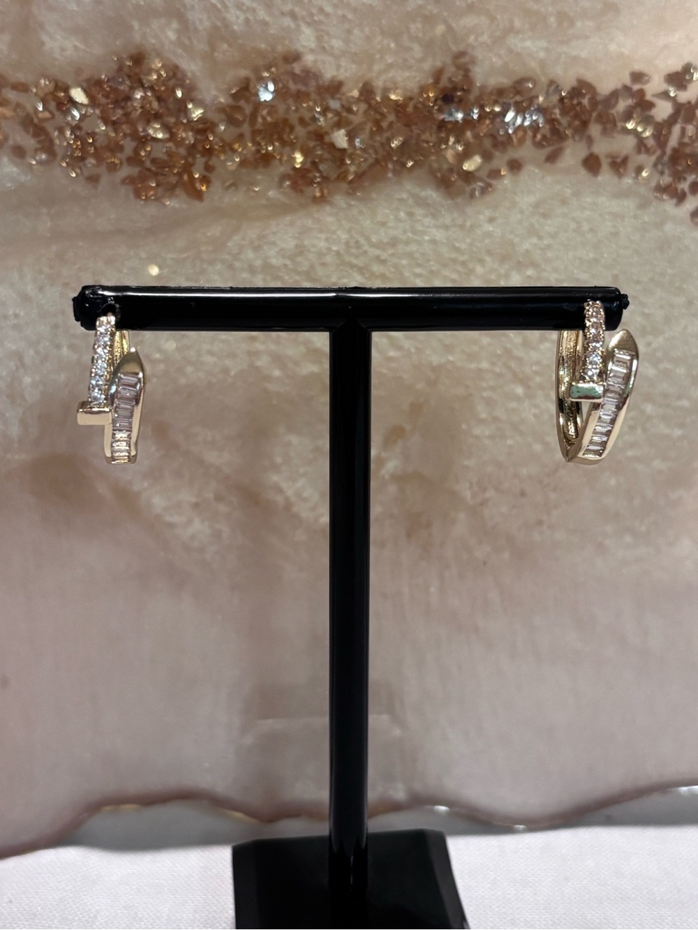 Elegant Gold and Crystal Nail Design Hoop Earrings